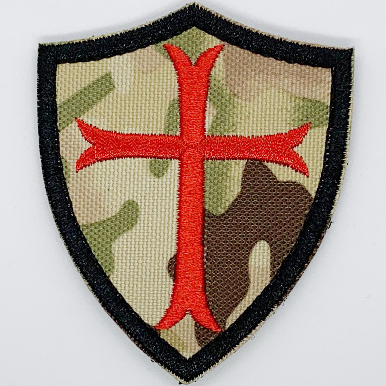 Shield with Cross Patch Hook & Loop.   Size: 6.5x7.6cm   HOOK AND LOOP BACKED PATCH(BOTH PROVIDED) www.moralepatches.com.au