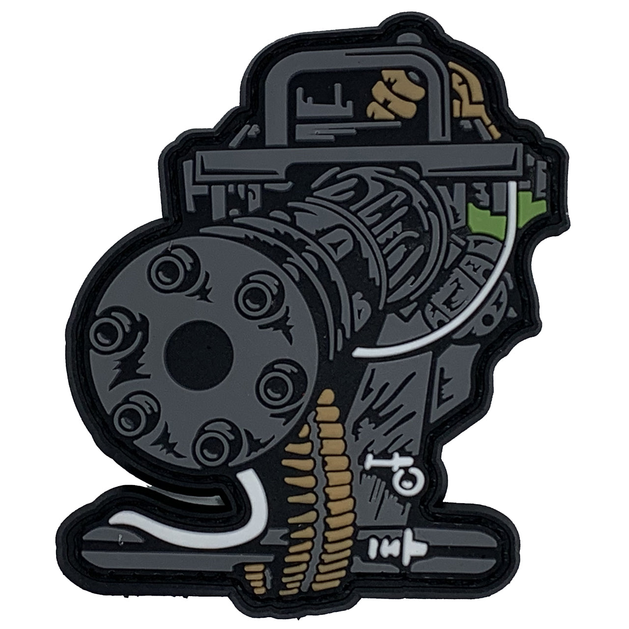 Gatling Gun PVC Patch, Velcro backed Badge. Great for attaching to your field gear, jackets, shirts, pants, jeans, hats or even create your own patch board.  Size: 8.5x7cm www.moralepatches.com.au