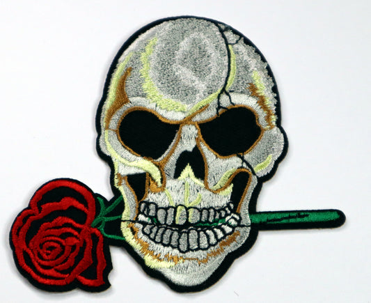 Skull with rose in mouth Iron On Patch. Great for attaching to your jackets, shirts, pants, jeans, hats.  Size: 10x8.8cm