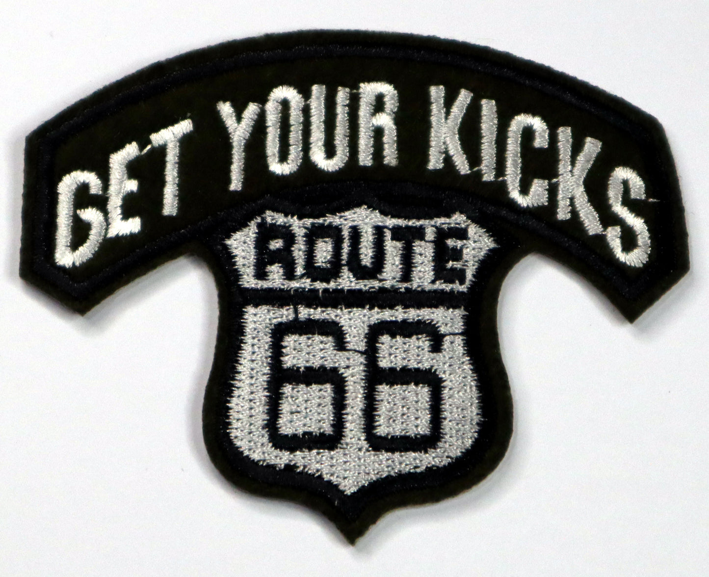 Get Your Kicks Route 66 Iron On Patch. Great for attaching to your jackets, shirts, pants, jeans, hats.  Size: 8x6.5cm