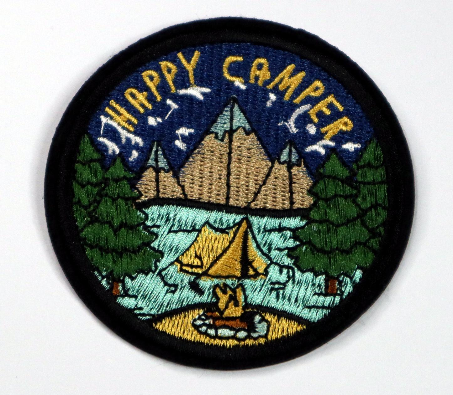 Happy Camper Iron On Patch. Great for attaching to your jackets, shirts, pants, jeans, hats.  Size: 7.6cm