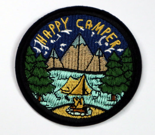 Happy Camper Iron On Patch. Great for attaching to your jackets, shirts, pants, jeans, hats.  Size: 7.6cm