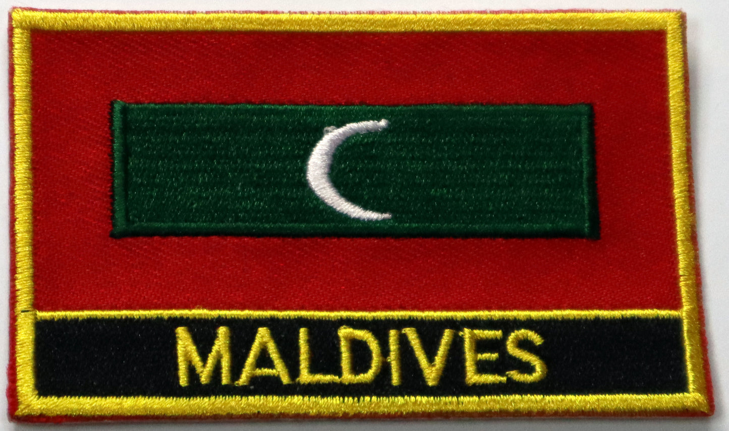 Maldives Flag Iron On Patch. Great for attaching to your jackets, shirts, pants, jeans, hats.  Size: 8x5cm