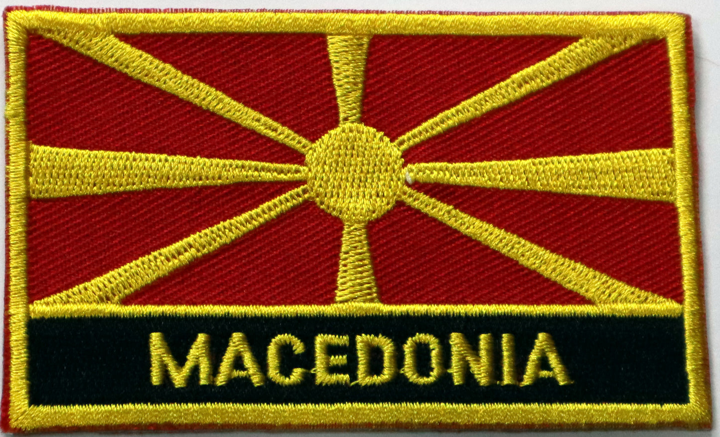 Macedonia Flag Iron On Patch. Great for attaching to your jackets, shirts, pants, jeans, hats.  Size: 8x5cm