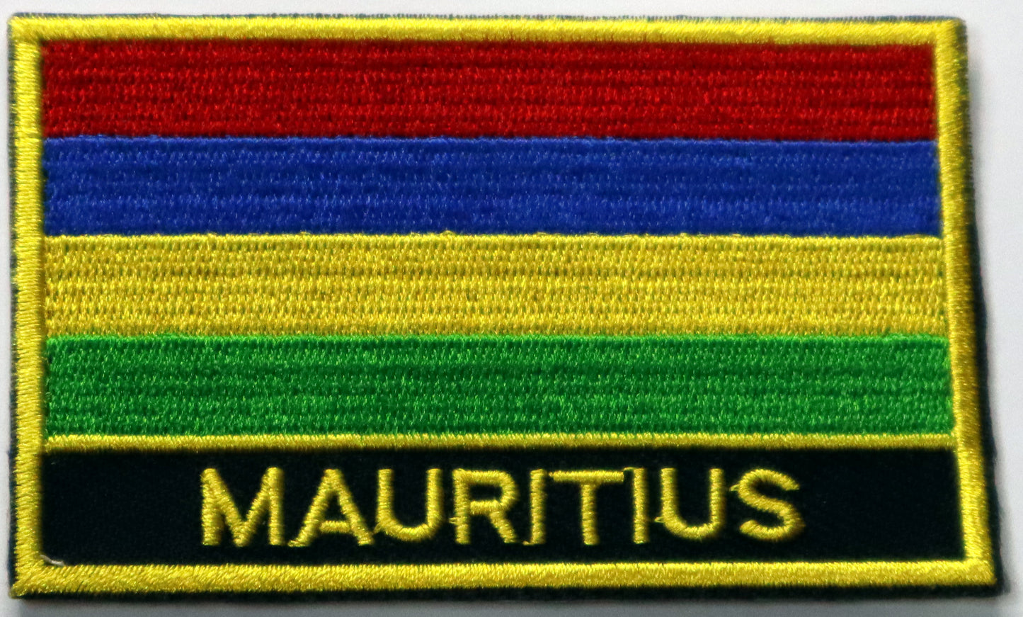 Mauritius Flag Iron On Patch. Great for attaching to your jackets, shirts, pants, jeans, hats.  Size: 8x5cm