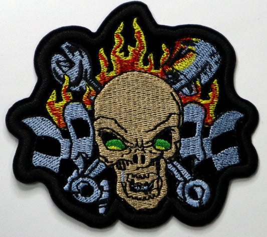 Skull and flames Iron On Patch. Great for attaching to your jackets, shirts, pants, jeans, hats.  Size: 10x9.5cm