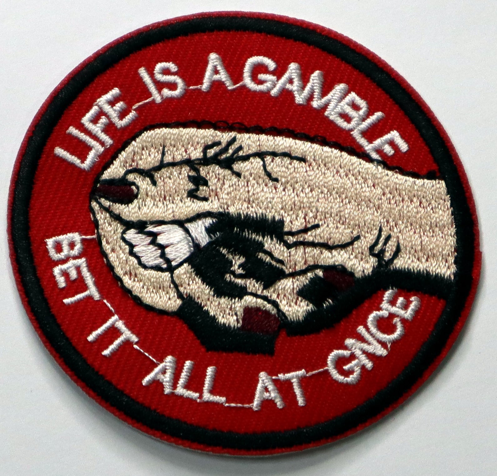 Life is a gamble, bet it all at once Iron On Patch. Great for attaching to your jackets, shirts, pants, jeans, hats.  Size: 7cm