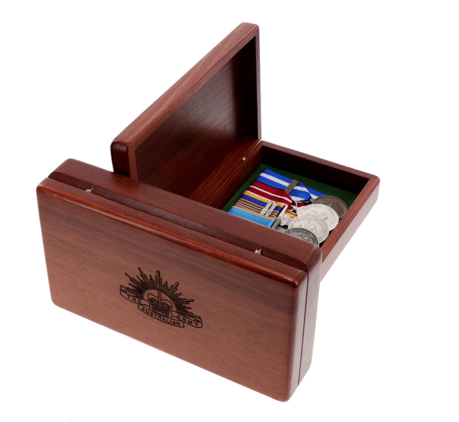 Beautiful Jarrah medal box with room for up to 10 court mounted medals. Laser engraved on the lid with the Army Rising Sun  This box is perfect for keeping those family medals or other heirlooms safe and sound when not on parade. 