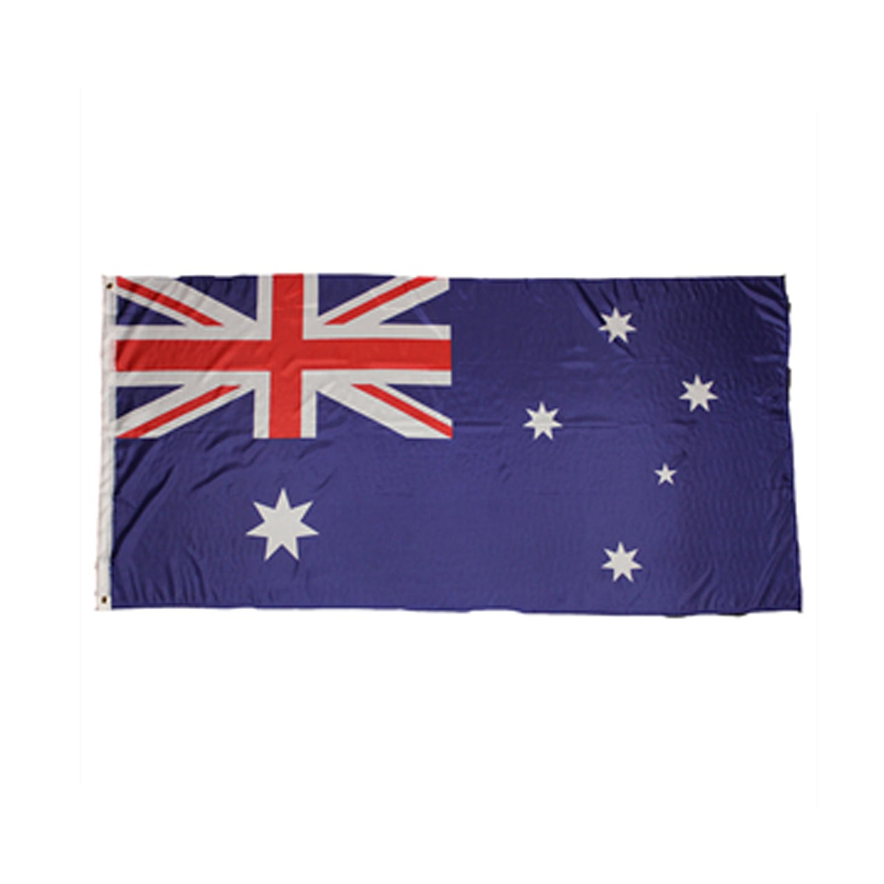 Large flag of Australia measuring 180cm x 90cm made of 68D polyester. Entails a blue background, Union Jack in the upper hoist quarter, large 7 point star underneath Union Jack and 5 white stars – 1 small 5 point star and 4 larger 7 point stars all representing the Southern Cross. To hoist or hang are two ring points.       Large; 180X90cm      68D polyester      Hoist or hang points www.moralepatches.com.au