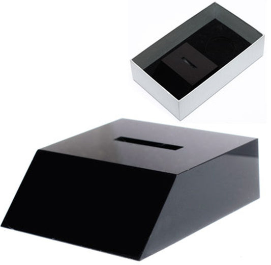 Medallion Stand In Gift Box. Will fit up to 48mm medallions in a black acrylic desk stand. The stand allows the medallion to sit freely and is presented in a form cut gift box making it perfect for awards, presentations or that special gift.