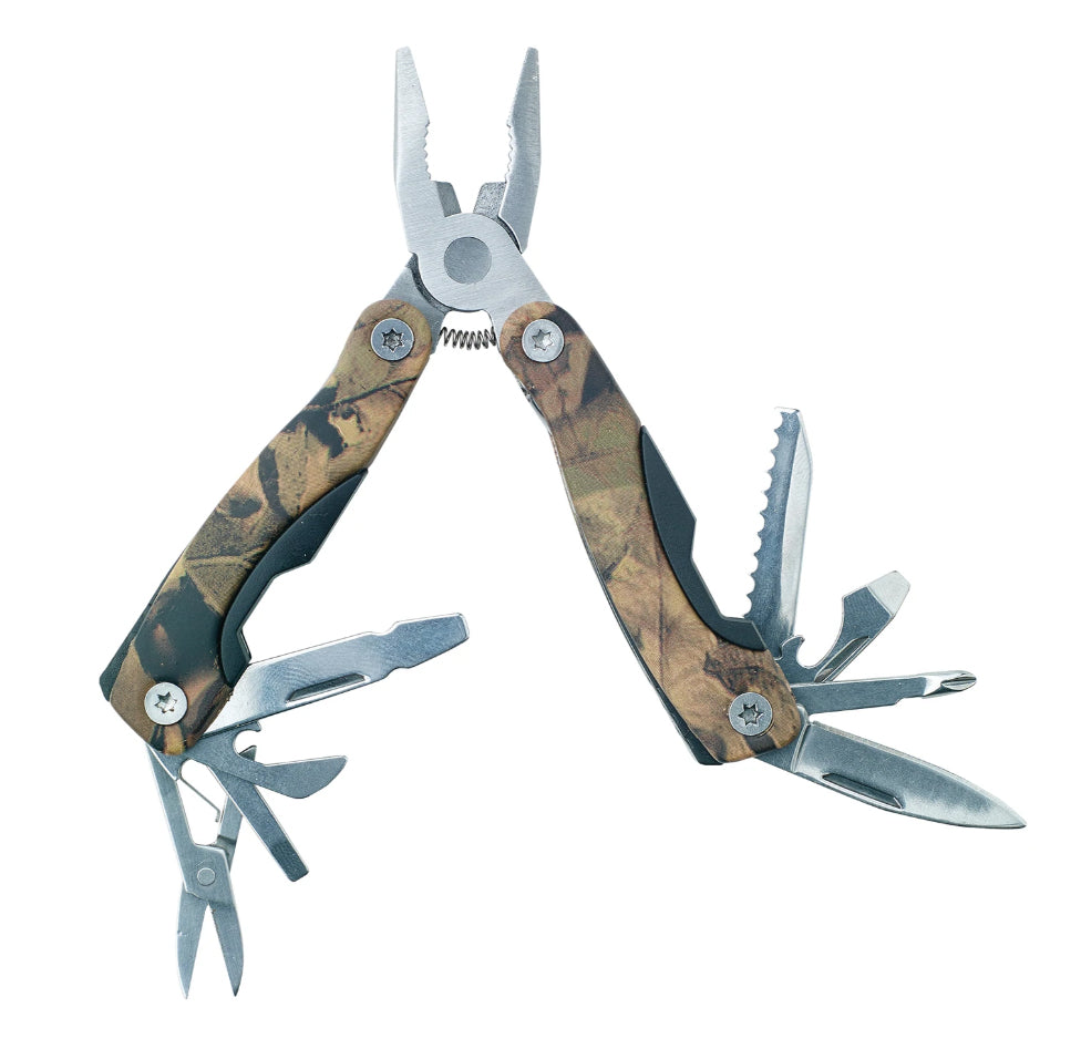 Compact multi tool with 11 functions - an ideal camping accessory Camouflage treatment on housing Stainless steel Utensils include, knife, scissors, flathead screw driver, bottle opener, saw, wire cutters, phillips screwdriver, standard pliers and more