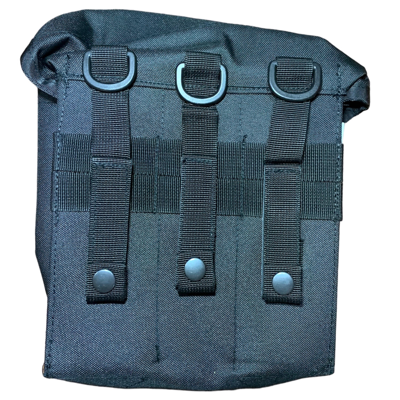 Minimi Pouch Black - Great for law enforcement gear, can fit two flask water bottles 1LT MOLLE fittings Top loading pouch Nylon webbing 900D fabric 2 coats PU coating Military specifications Nylon buckles Dimensions: 20x20x7cm www.moralepatches.com.au