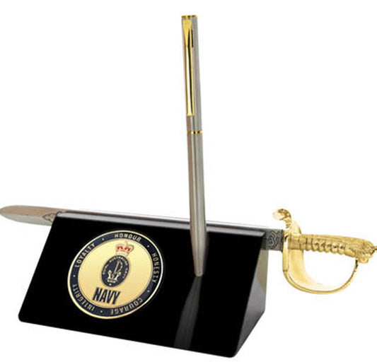 Navy Medallion in a stylish acrylic desk stand with a quality pen and Navy sword letter opener. Presented in a silver gift box with a clear lid, this is the perfect gift to put on the desk at work or at home.