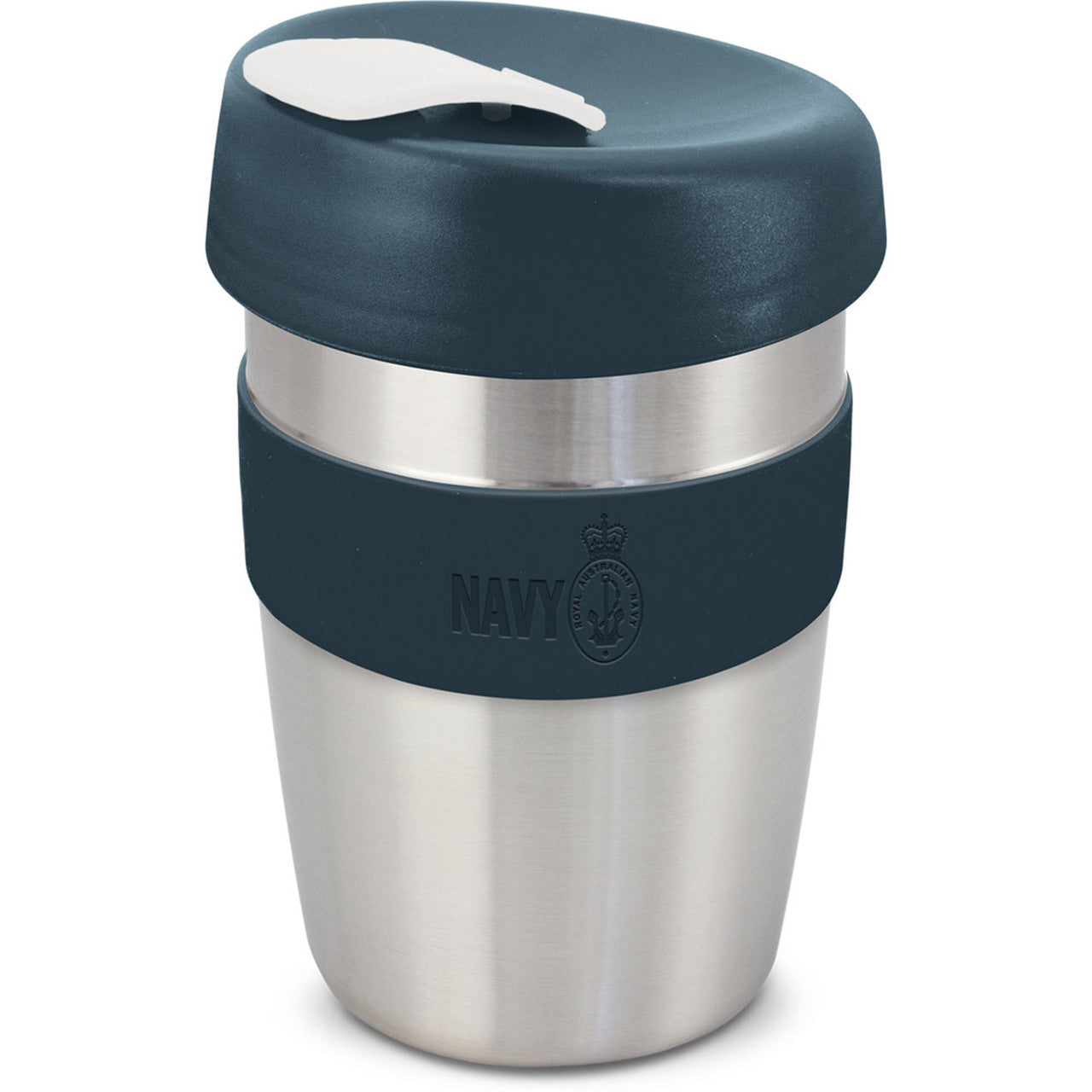 Subtly embossed with the Navy brand this stylish 350ml double walled reusable coffee cup will keep your drinks hot for longer and remain cool to hold. It has a heat resistant silicone band a secure on lid with a splash proof flip closure. The cup has a stainless steel outer wall and the inner wall, lid and flip closure re manufactured from polypropylene.