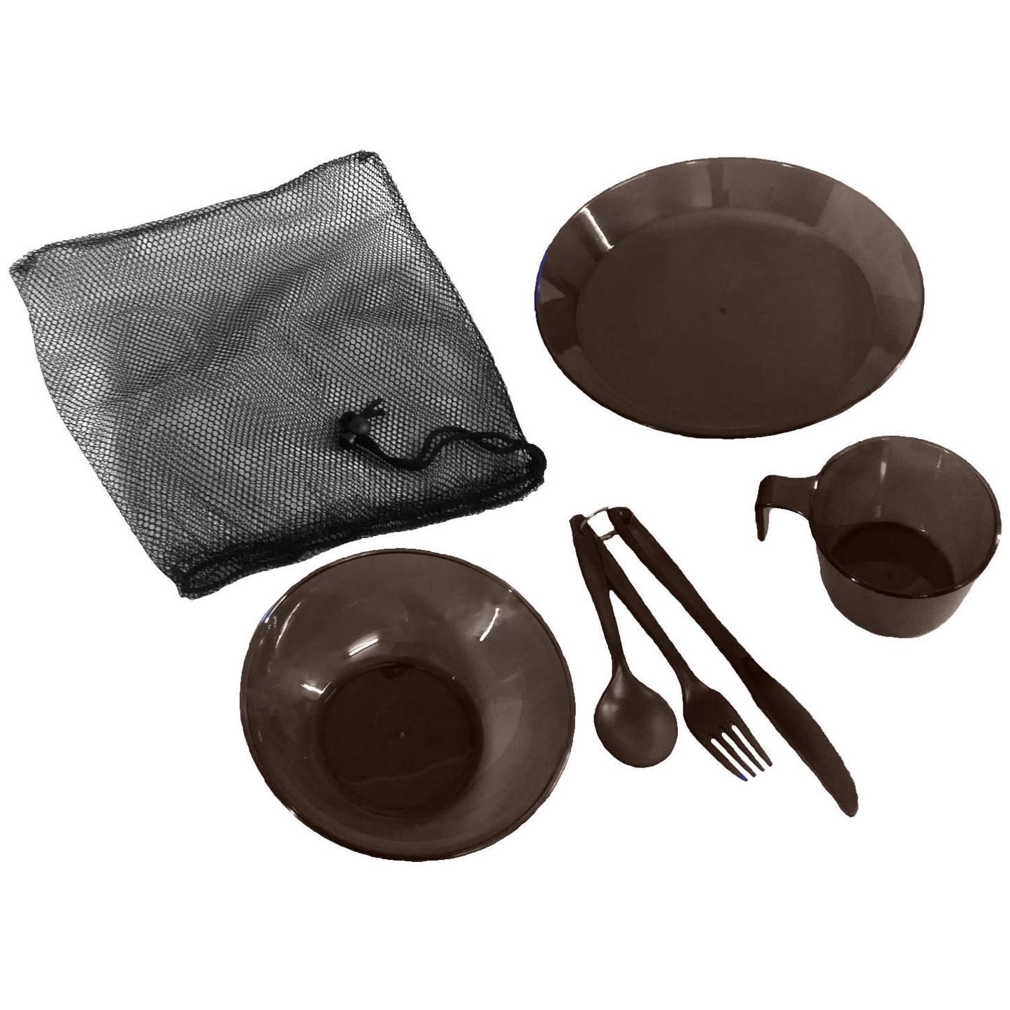 Great addition to your outdoor kit for camping, cadets, scouts and outdoor activities  Sturdy and lightweight  Comes in mess carry bag with draw cord  Plate 25cm  Bowl 16cm  Mug 7.5cm  Knife 21.5cm  Fork 18.5cm  Spoon 15.5cm