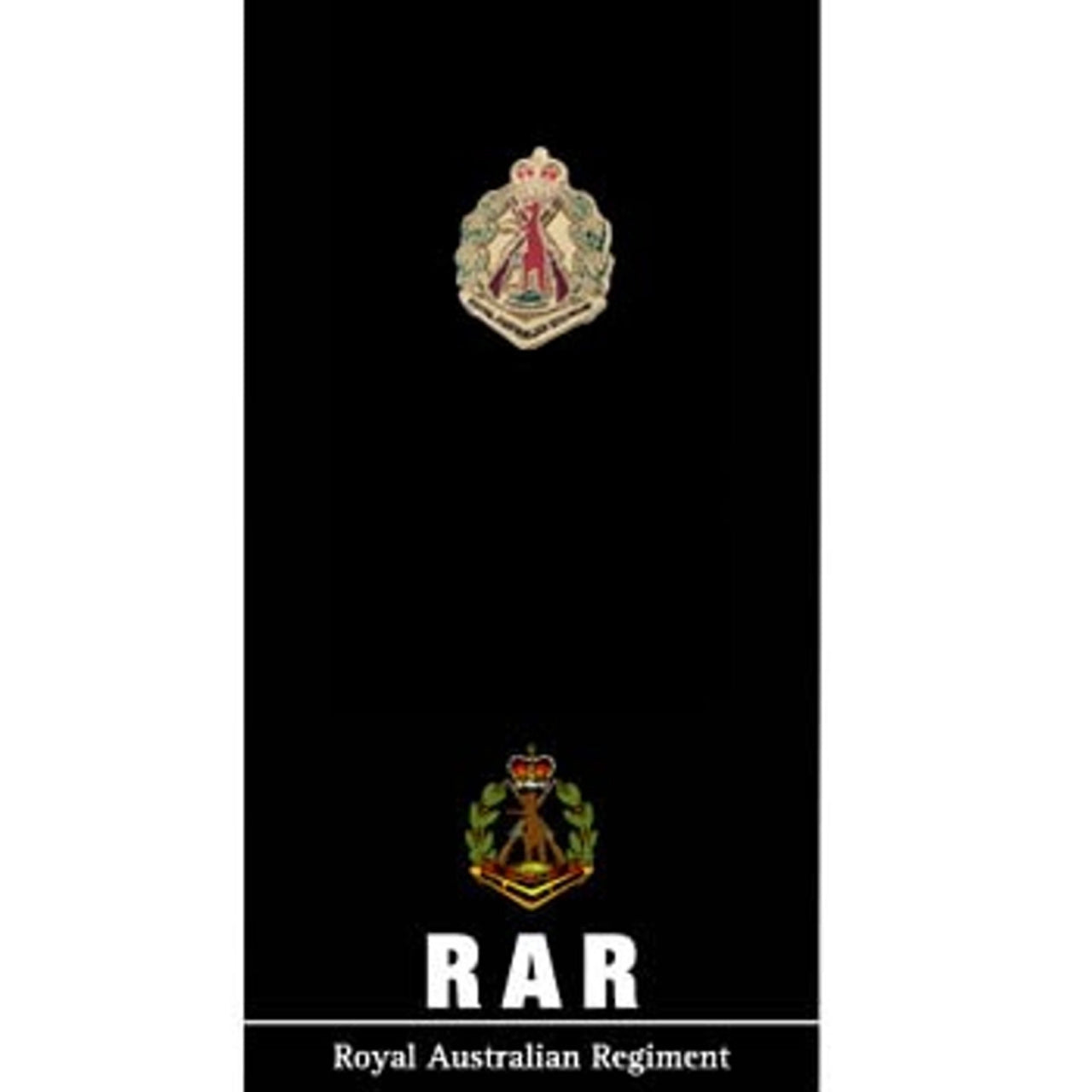 The Royal Australian Regiment (RAR) 20mm full-colour enamel lapel pin. Displayed on a presentation card. This beautiful gold-plated lapel pin will look great on both your jacket and your cap.  Specifications:      Material: Gold-plated zinc alloy, enamel fill     Colour: Gold, green, red, brown     Size: 20mm www.moralepatches.com.au