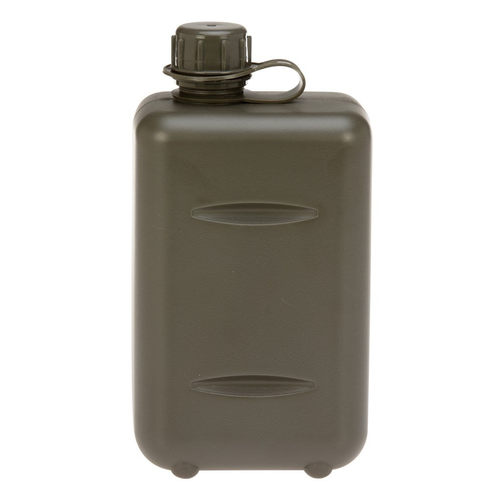 - South African style military water bottle with a screw top  - Durable heavy duty plastic  - 4 lugs on the bottom of the unit for free standing  - Capacity: 2L  - Colour: Olive