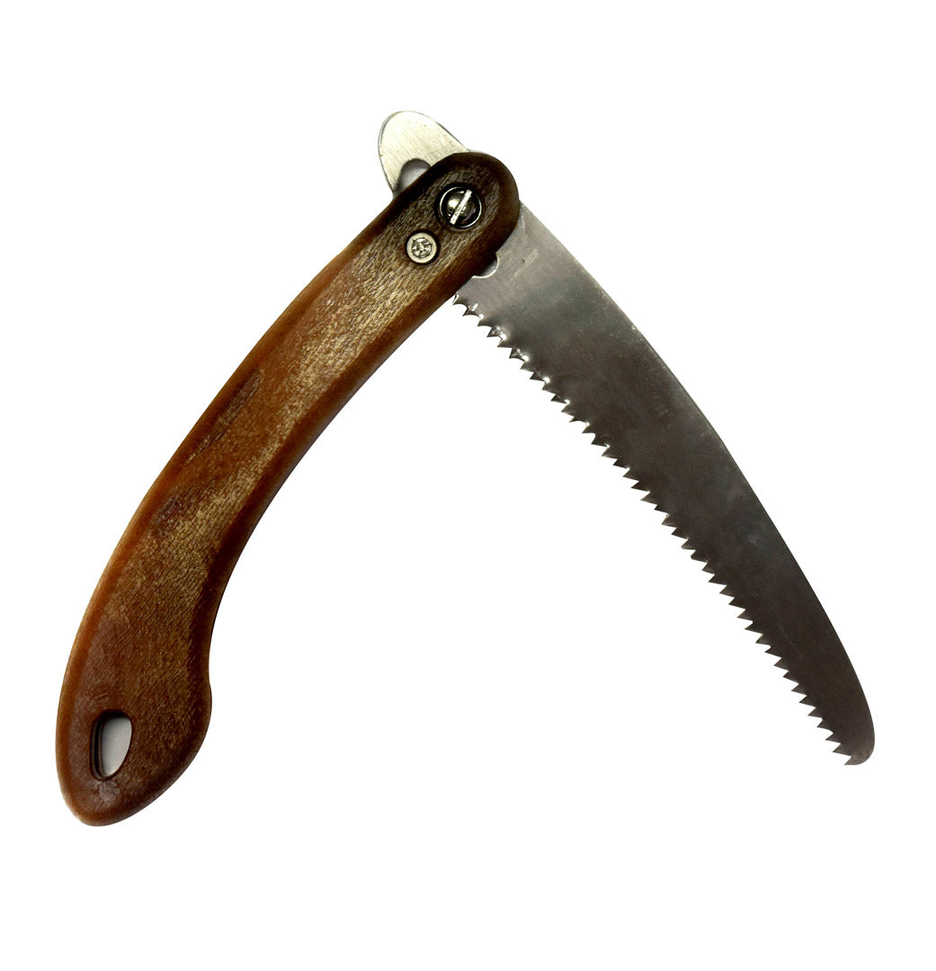 18cm folding High Carbon steel blade and wooden handle  Blade lock/release button  Ideal for camping and outdoor use