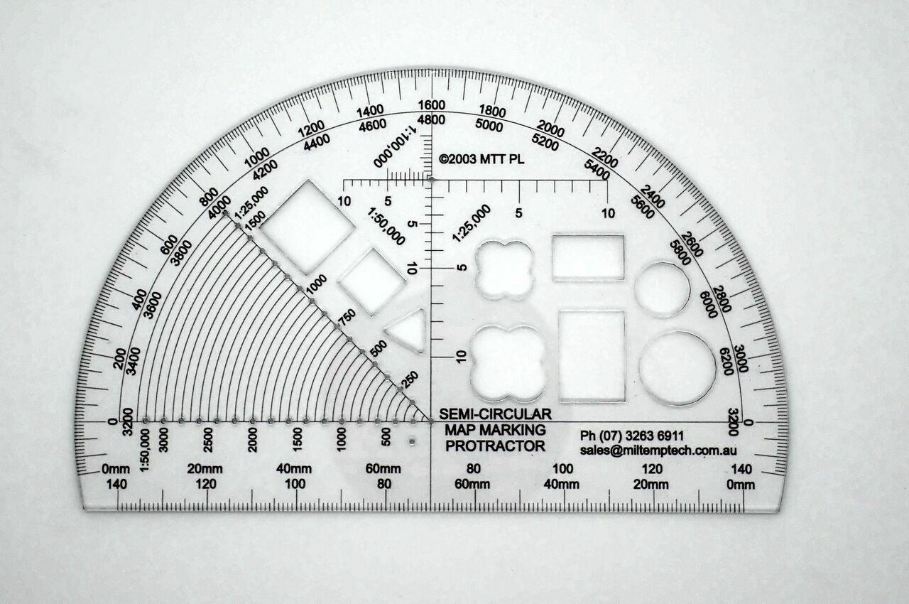 Based on the R.A. and R.A.A. Semi Circular Protractors, we have added a number of common Warfighting Symbology shapes so that your protractor can double as a map marking stencil, as well as a Range Finding Arc.  These protractors are digitally printed on the underside of 1.5mm thick plastic to avoid parallax error. They are then laser cut to an accuracy of +/- 0.25 mm.