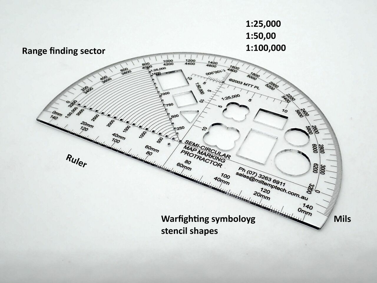 Based on the R.A. and R.A.A. Semi Circular Protractors, we have added a number of common Warfighting Symbology shapes so that your protractor can double as a map marking stencil, as well as a Range Finding Arc.  These protractors are digitally printed on the underside of 1.5mm thick plastic to avoid parallax error. They are then laser cut to an accuracy of +/- 0.25 mm.