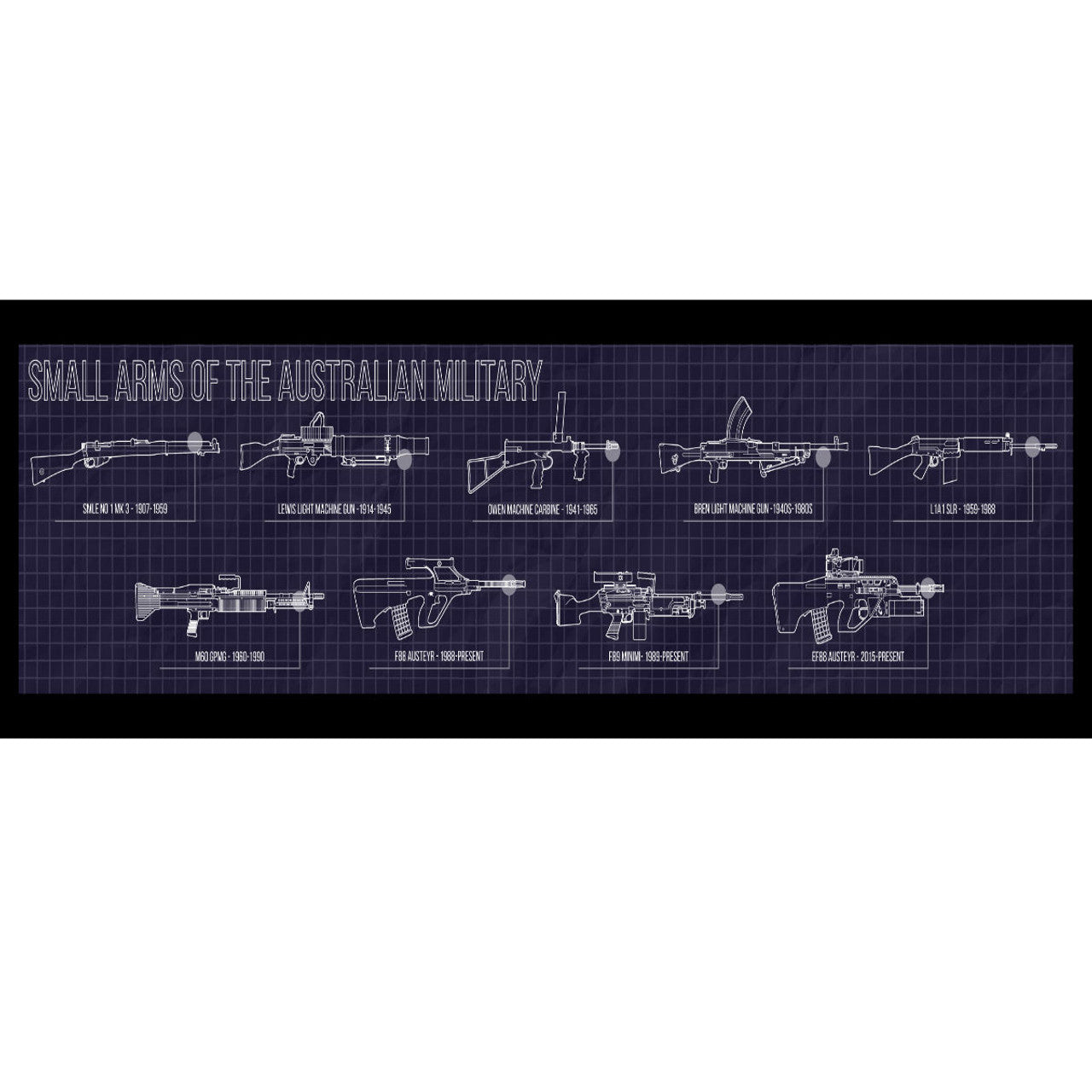 This bar runner depicts schematics for nine iconic weapons that have seen service with the Australian military. It shows the SMLE No.1 Mk III, Bren Light Machine Gun, F88 Austeyr, Lewis Light Machine Gun, L1A1 Self Loading Rifle, F89 Minimi, Owen Machine Carbine, M60 General Purpose Machine Gun and the Enhanced F88 Austeyr. Measures 890x250m with rubber backing. www.moralepatches.com.au