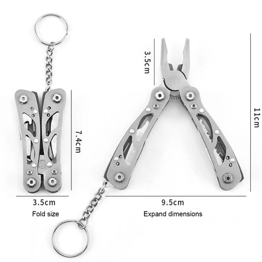 12 tools: pliers, wire cutters, large knife, small knife, cross & straight screwdriver, bottle opener, serration, vice, sharp scraper, nail file and Key ring. Compact folding design Pouch has belt loop www.moralepatches.com.au