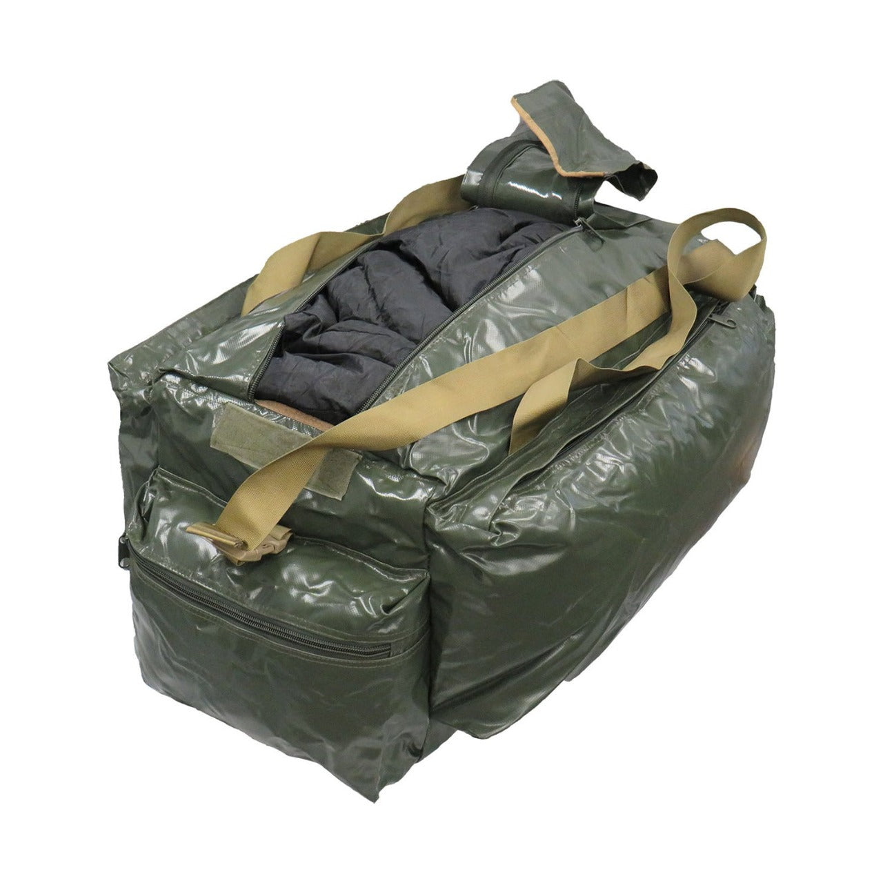 Made to military specifications  1160g per m2  100% water-proof PVC tarpaulin fabric  Side pockets  Wide open flap  Heavy duty webbing