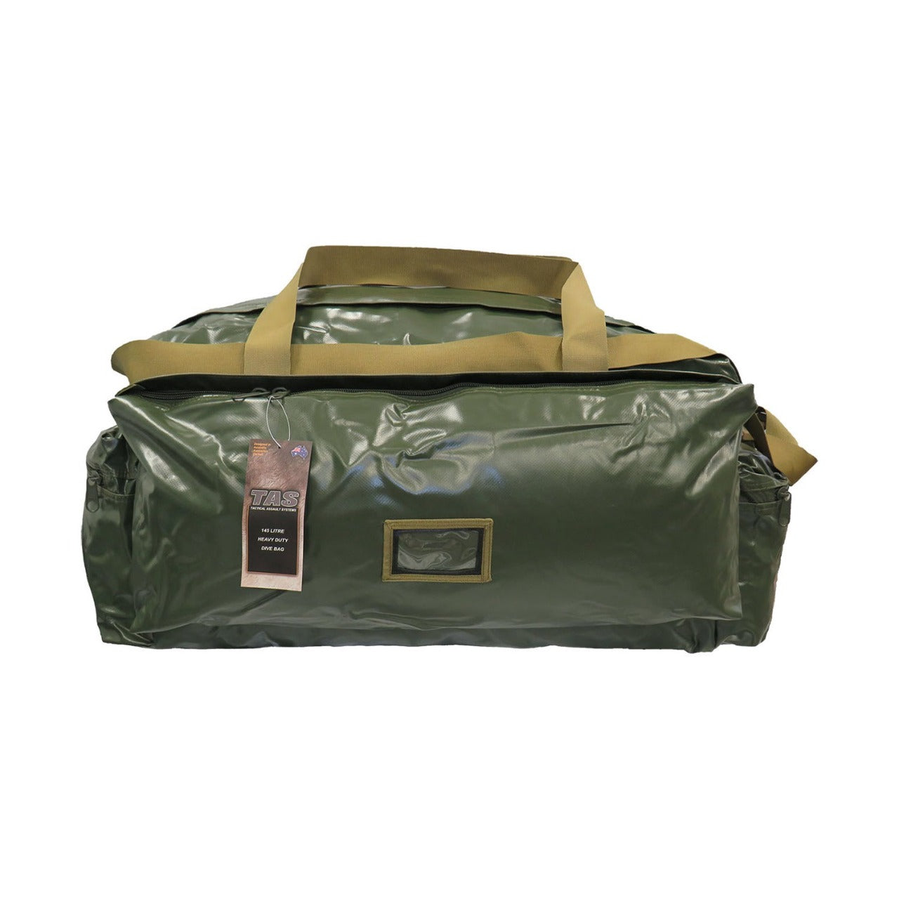 Made to military specifications  1160g per m2  100% water-proof PVC tarpaulin fabric  Side pockets  Wide open flap  Heavy duty webbing