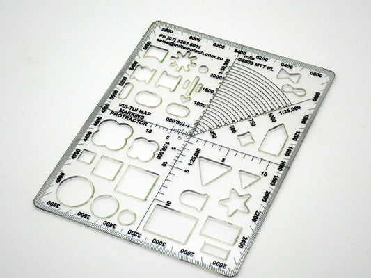 360 degree protractor to fit inside a Vui Tui – Field Message Notebook cover, and have added a number of common Warfighting Symbology shapes so that your protractor can double as a map marking stencil, as well as a Range Finding Arc.  These protractors are digitally printed on the underside of 1.5mm thick plastic to avoid parallax error. They are then laser cut to an accuracy of +/- 0.25 mm.