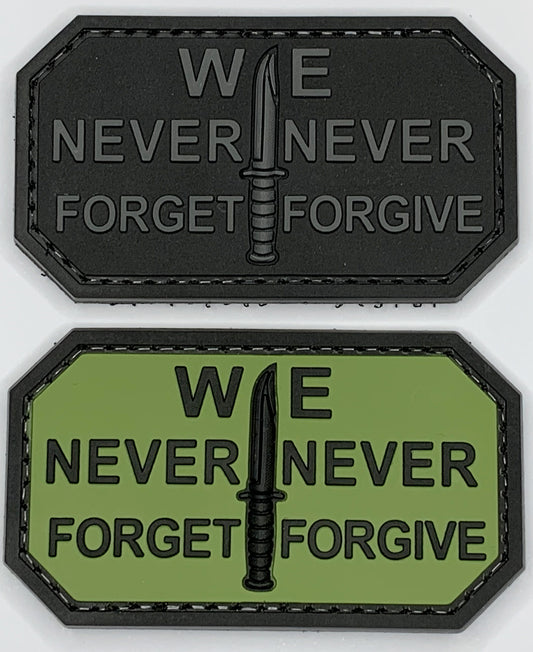 We Never Forget Never Forgive PVC Patch, Velcro backed Badge. Great for attaching to your field gear, jackets, shirts, pants, jeans, hats or even create your own patch board.  Size: 7x4cm 