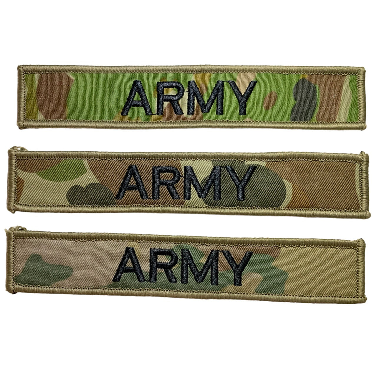 Army Patch in various colours for a bit of fun.  We had the idea to come up with a range of fun options as well.   Size is 2.5cm x 15cm, lettering is 1.5cm in height.  All embroidery is done in upper case letters only as a FYI. www.moralepatches.com.au