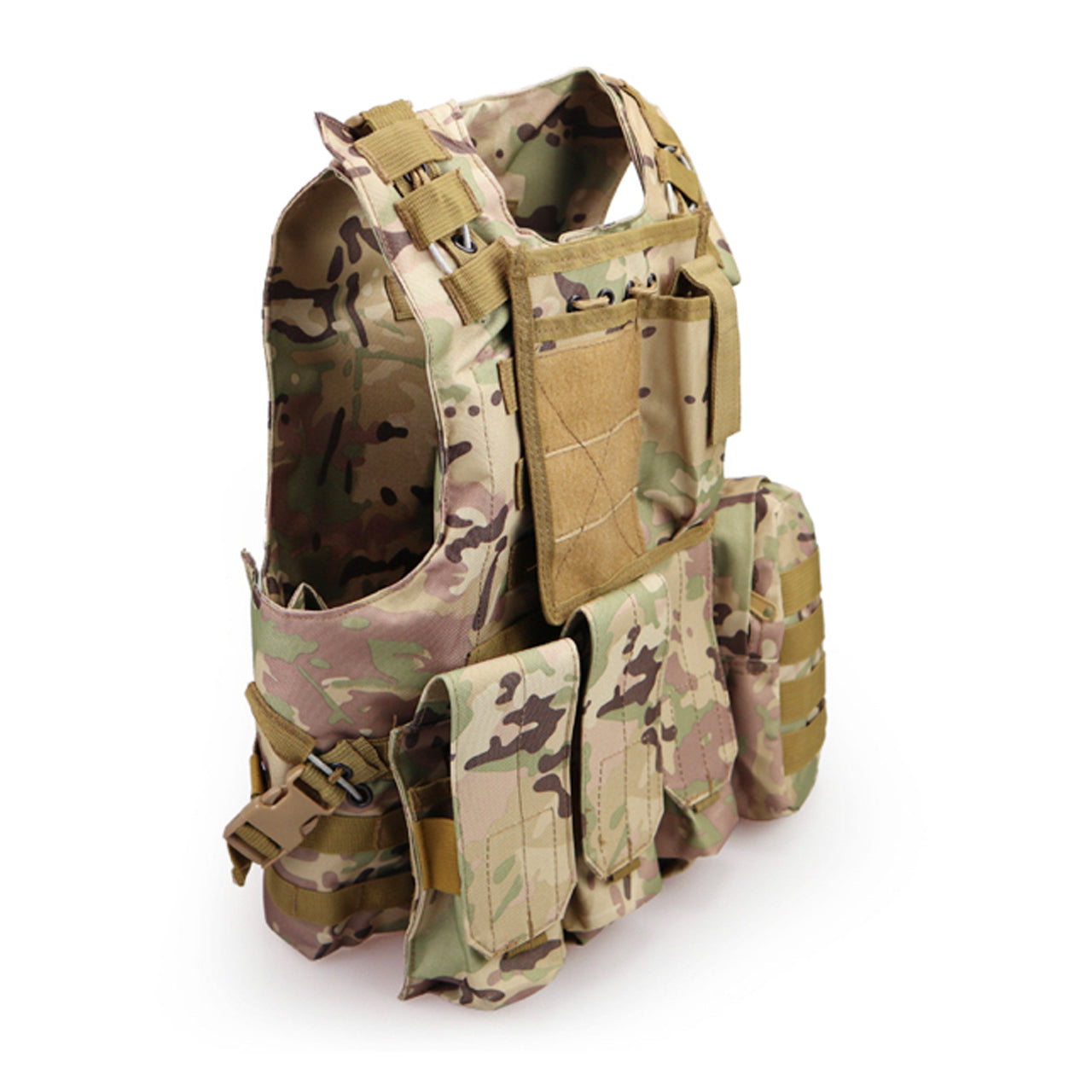 Army Tactical Vest Lightweight Loadout High quality 600D oxford material Front and back MOLLE design, x3 magazine pouch can be adopted to suit your assault style. Top tactical pouch is good for carrying small torch or multi-tool and you can attach patches. Small side pouch for carrying essential items. Adjustable waist and shoulder straps makes this a fast throw on vest. Great for Military, cadets, airsoft and other outdoor activities www.moralepatches.com.au