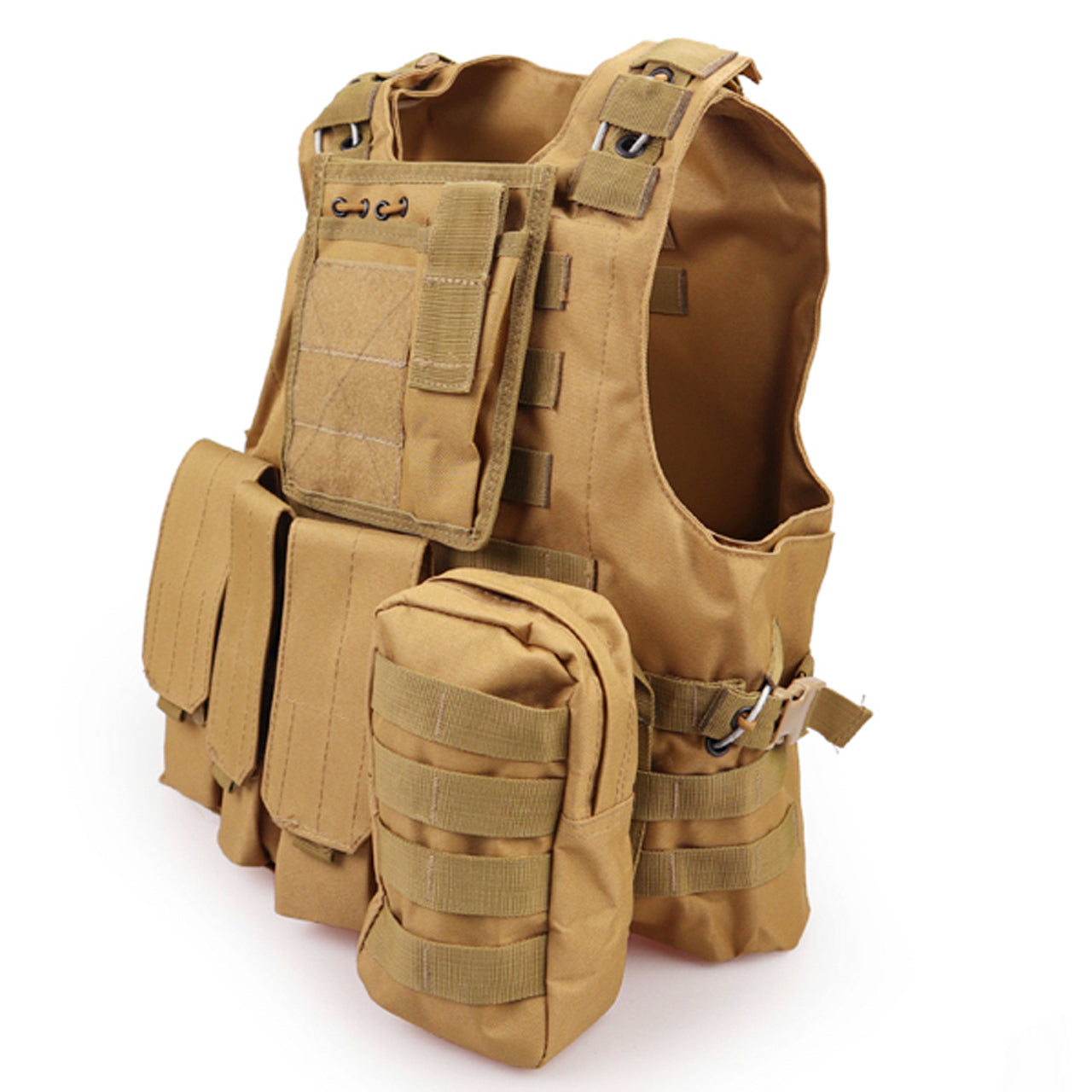 Army Tactical Vest Lightweight Loadout High quality 600D oxford material Front and back MOLLE design, x3 magazine pouch can be adopted to suit your assault style. Top tactical pouch is good for carrying small torch or multi-tool and you can attach patches. Small side pouch for carrying essential items. Adjustable waist and shoulder straps makes this a fast throw on vest. Great for Military, cadets, airsoft and other outdoor activities www.moralepatches.com.au