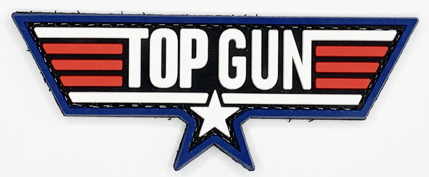 TOP GUN PVC Patch, Velcro backed Badge. Great for attaching to your field gear, jackets, shirts, pants, jeans, hats or even create your own patch board.  Size: 10x4cm  moralepatches.com.au