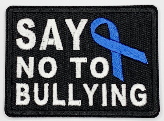 Say no to bullying blue ribbon Iron On Patch. Great for attaching to your jackets, shirts, pants, jeans, hats.  Size: 6.99x5.08cm