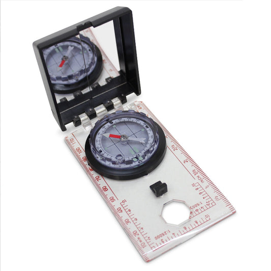 This compass with sighting mirror is an all round winner.   With a liquid filled luminous dial, the needle moves smoothly to ensure you stay oriented. A lanyard for easy carrying, a sighting mirror and magnifier make this versatile compass a must for serious travellers  50mm Diameter Liquid filled luminous dial Lid with sighting mirror Magnifier Linear and Romer scales www.moralepatches.com.au