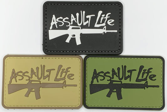 Assault Life PVC Patch, Velcro backed Badge. Great for attaching to your field gear, jackets, shirts, pants, jeans, hats or even create your own patch board.  Size: 7.5x5cm