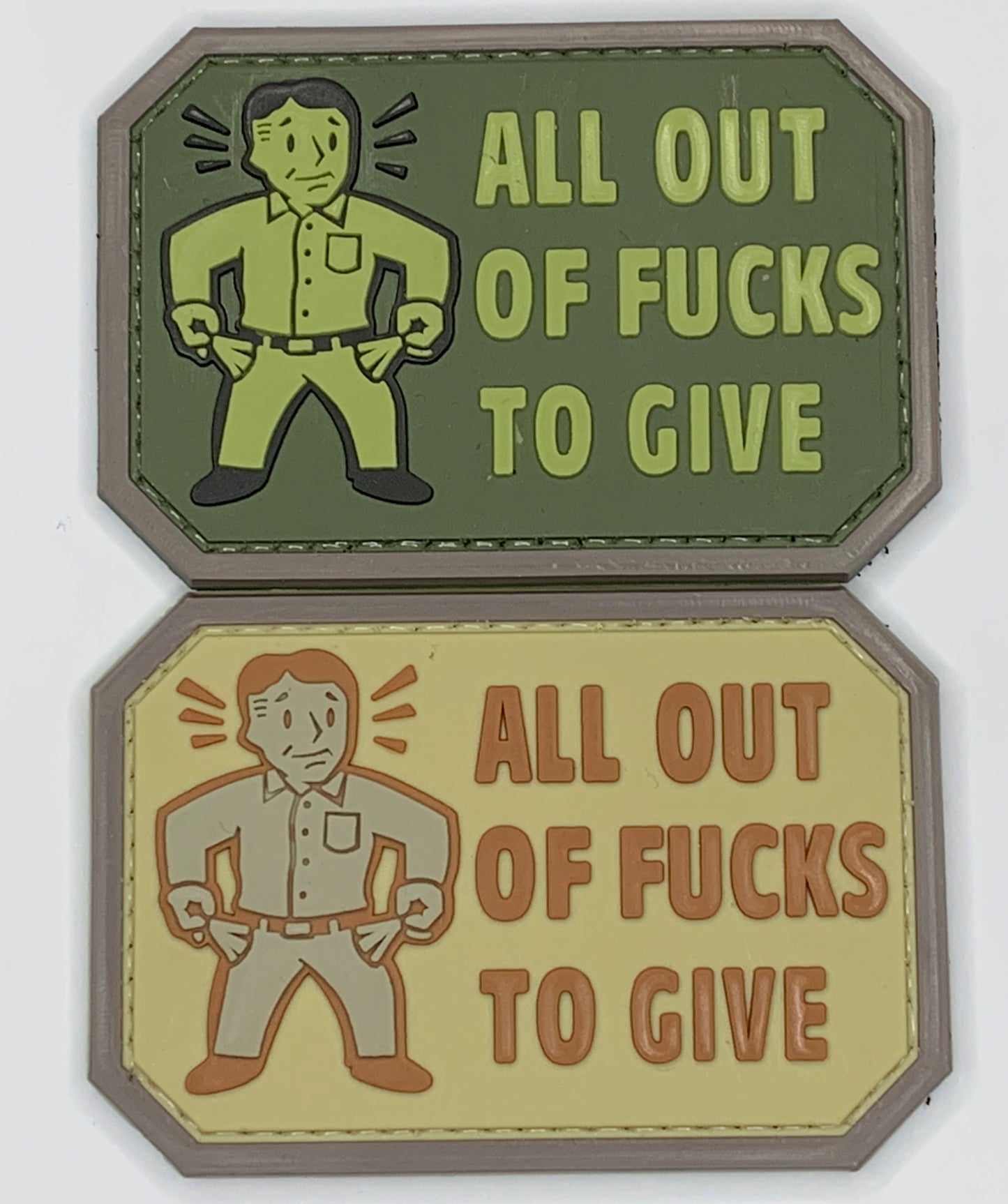 All Out of Fucks To Give PVC Patch, Velcro backed Badge. Great for attaching to your field gear, jackets, shirts, pants, jeans, hats or even create your own patch board.