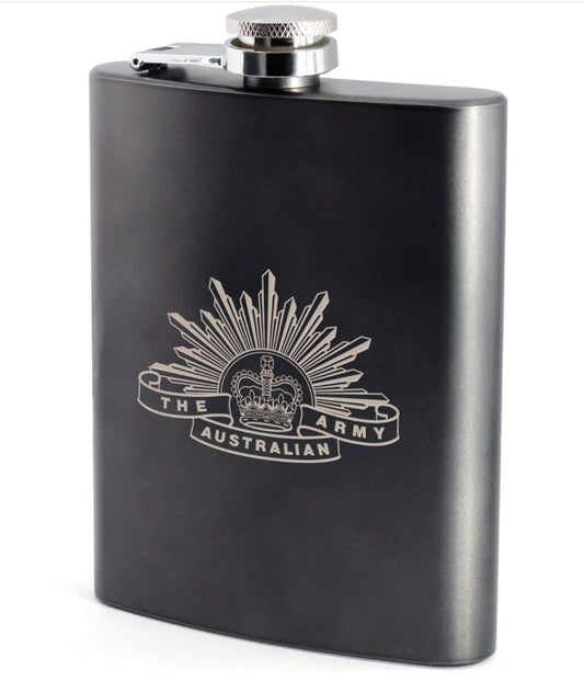 Army History Unit crest engraved on a stylish hip flask  This classic hip flask is the perfect gift for any occasion. Stylishly presented in a lined silver box with a display window cut out on the front