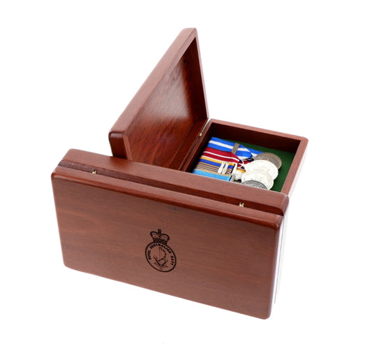 Beautiful Jarrah medal box with room for up to 10 court mounted medals. Laser engraved on the lid with the Navy Crest  This box is perfect for keeping those family medals or other heirlooms safe and sound when not on parade. 