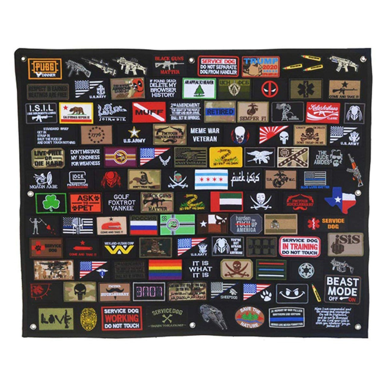 This Morale Patch Display Board with a soft loop side works with all velcro-backed morale patches, ID patches, name patch, etc. Heavy-duty grommets to hang on the wall. Folds/rolls up for easy storage. Heavy-duty nylon fabric backing. www.moralepatches.com.au