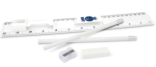 Navy branded stationery set which consists of a 30cm ruler, two unsharpened pencils, a pencil sharpener and an eraser in one compact unit. The ruler has both metric and imperial graduations. Fabulous and functional event promotional gift, great for kids