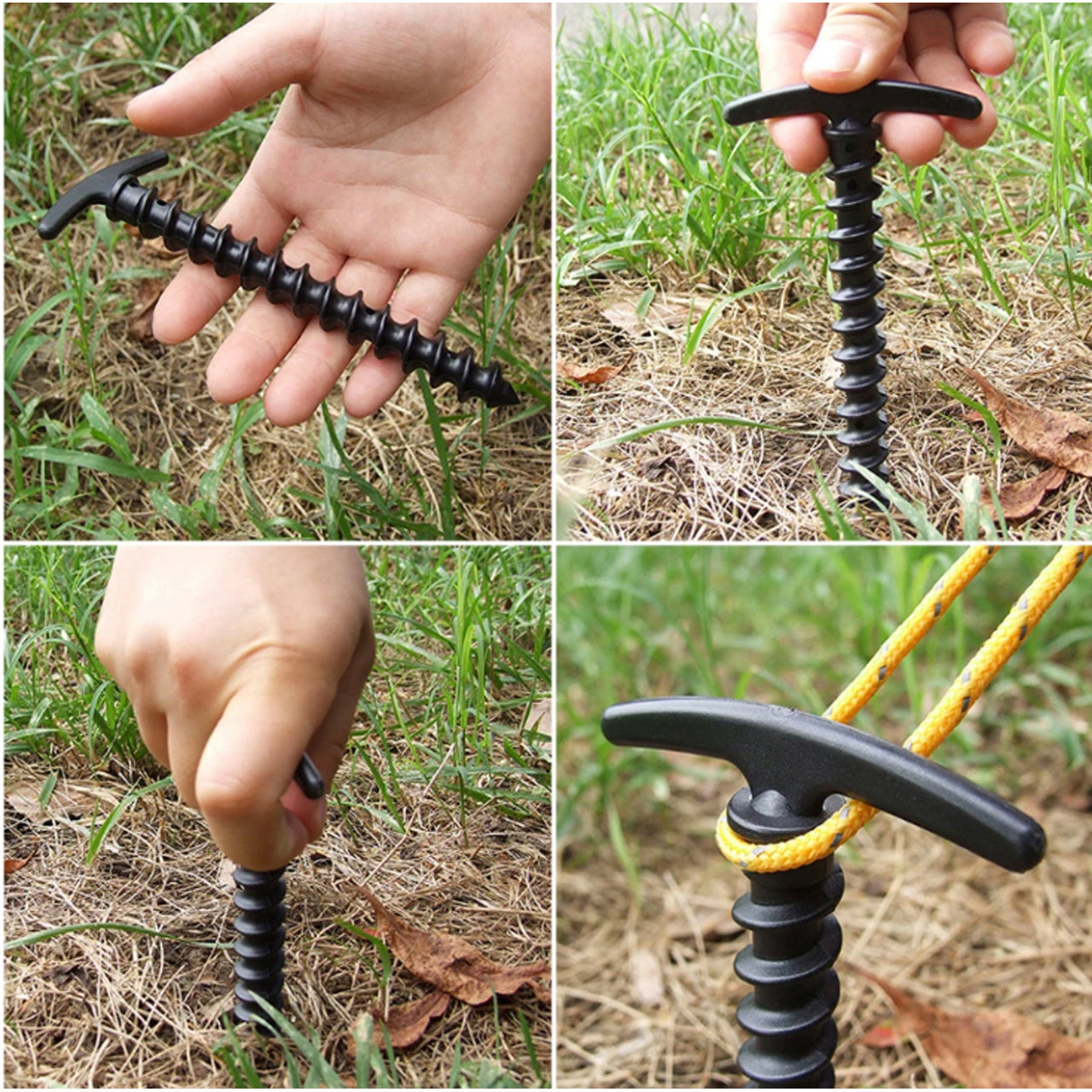 5 pack screw into the ground tent pegs are great for military, cadets, camping and other outdoor activities. These stake pegs are good for supporting hootchies, tarps and other support shelters. Material: ABS Size: 14.5cm x 7cm x5 in each pack www.defenceqstore.com.au