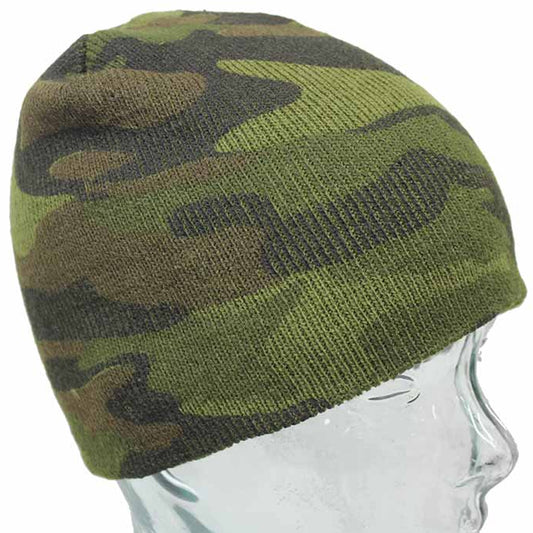 Warm, lightweight beanie made of acrylic material in the colour pattern woodland (greens)  Acrylic Woodland (greens) Warm Lightweight www.moralepatches.com.au